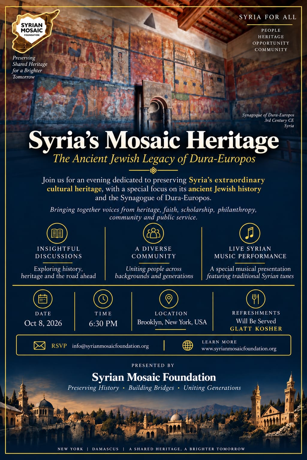 Event flyer: Syria's Mosaic Heritage, The Ancient Jewish Legacy of Dura-Europos. October 8, 2026, 6:30 PM, Brooklyn, New York.